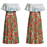 Fiji Taveuni Island Dateline Crossing Family Matching Off Shoulder Maxi Dress and Hawaiian Shirt Tropical Cultural Landscape With Tagimoucia Floral Pattern TS04 Mom's Dress White Green - Polynesian Pride