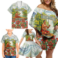 Fiji Taveuni Island Dateline Crossing Family Matching Off Shoulder Short Dress and Hawaiian Shirt Tropical Cultural Landscape With Tagimoucia Floral Pattern TS04 - Polynesian Pride