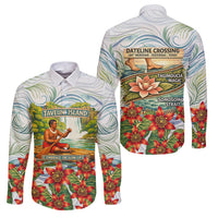 Fiji Taveuni Island Dateline Crossing Family Matching Off Shoulder Short Dress and Hawaiian Shirt Tropical Cultural Landscape With Tagimoucia Floral Pattern TS04 Dad's Shirt - Long Sleeve White Green - Polynesian Pride