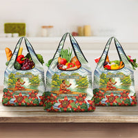 Fiji Taveuni Island Dateline Crossing Grocery Bag Tropical Cultural Landscape With Tagimoucia Floral Pattern TS04 3-pack One Size White Green - Polynesian Pride