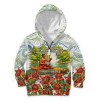 Fiji Taveuni Island Dateline Crossing Kid Hoodie Tropical Cultural Landscape With Tagimoucia Floral Pattern TS04 Zip Hoodie White Green - Polynesian Pride