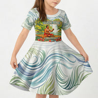 Fiji Taveuni Island Dateline Crossing Kid Short Sleeve Dress Tropical Cultural Landscape With Tagimoucia Floral Pattern TS04 KID White Green - Polynesian Pride