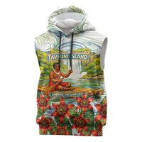 Fiji Taveuni Island Dateline Crossing Sleeveless Hoodie Tropical Cultural Landscape With Tagimoucia Floral Pattern TS04 White Green - Polynesian Pride