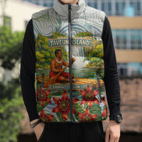 Fiji Taveuni Island Dateline Crossing Sleeveless Puffer Jacket Tropical Cultural Landscape With Tagimoucia Floral Pattern TS04 - Polynesian Pride