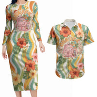 Hawaii Aloha Academy Back To School Couples Matching Long Sleeve Bodycon Dress and Hawaiian Shirt Sea Turtle Tropical Hibiscus Flowers Retro Psychedelic TS04 Orange Green - Polynesian Pride