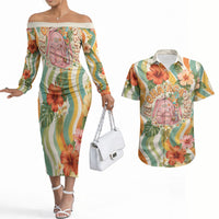 Hawaii Aloha Academy Back To School Couples Matching Off The Shoulder Long Sleeve Dress and Hawaiian Shirt Sea Turtle Tropical Hibiscus Flowers Retro Psychedelic TS04 Orange Green - Polynesian Pride