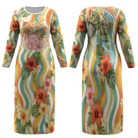 Hawaii Aloha Academy Back To School Family Matching Long Sleeve Bodycon Dress and Hawaiian Shirt Sea Turtle Tropical Hibiscus Flowers Retro Psychedelic TS04 Mom's Dress Orange Green - Polynesian Pride