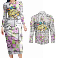 Hawaii Cruising Back To School Couples Matching Long Sleeve Bodycon Dress and Long Sleeve Button Shirt Grid Pattern With School Bag And Vintage Surf Van TS04 White Yellow - Polynesian Pride