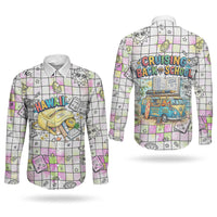 Hawaii Cruising Back To School Couples Matching Off Shoulder Maxi Dress and Long Sleeve Button Shirt Grid Pattern With School Bag And Vintage Surf Van TS04 - Polynesian Pride