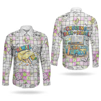 Hawaii Cruising Back To School Couples Matching Off Shoulder Short Dress and Long Sleeve Button Shirt Grid Pattern With School Bag And Vintage Surf Van TS04 - Polynesian Pride