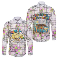 Hawaii Cruising Back To School Family Matching Off The Shoulder Long Sleeve Dress and Hawaiian Shirt Grid Pattern With School Bag And Vintage Surf Van TS04 Dad's Shirt - Long Sleeve White Yellow - Polynesian Pride