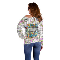 Hawaii Cruising Back To School Off Shoulder Sweater Grid Pattern With School Bag And Vintage Surf Van TS04 - Polynesian Pride