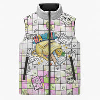 Hawaii Cruising Back To School Sleeveless Puffer Jacket Grid Pattern With School Bag And Vintage Surf Van TS04 Unisex White Yellow - Polynesian Pride