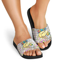 Hawaii Cruising Back To School Slide Sandals Grid Pattern With School Bag And Vintage Surf Van TS04 - Polynesian Pride