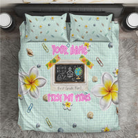 Personalized Hawaii Back To School Dolphin Bedding Set Grid Notebook Background With Dolphin Mascot And Plumeria Flowers TS04 Green White - Polynesian Pride