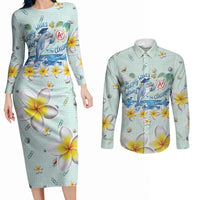Personalized Hawaii Back To School Dolphin Couples Matching Long Sleeve Bodycon Dress and Long Sleeve Button Shirt Grid Notebook Background With Dolphin Mascot And Plumeria Flowers TS04 Green White - Polynesian Pride