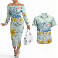 Personalized Hawaii Back To School Dolphin Couples Matching Off The Shoulder Long Sleeve Dress and Hawaiian Shirt Grid Notebook Background With Dolphin Mascot And Plumeria Flowers TS04 Green White - Polynesian Pride