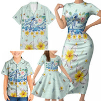 Personalized Hawaii Back To School Dolphin Family Matching Short Sleeve Bodycon Dress and Hawaiian Shirt Grid Notebook Background With Dolphin Mascot And Plumeria Flowers TS04 - Polynesian Pride
