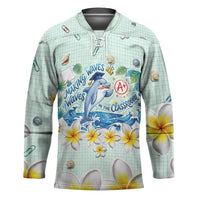 Personalized Hawaii Back To School Dolphin Hockey Jersey Grid Notebook Background With Dolphin Mascot And Plumeria Flowers TS04 Unisex Green White - Polynesian Pride