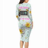 Personalized Hawaii Back To School Dolphin Long Sleeve Bodycon Dress Grid Notebook Background With Dolphin Mascot And Plumeria Flowers TS04 - Polynesian Pride