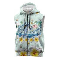 Personalized Hawaii Back To School Dolphin Sleeveless Zip Hoodie Grid Notebook Background With Dolphin Mascot And Plumeria Flowers TS04 Green White - Polynesian Pride