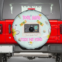 Personalized Hawaii Back To School Dolphin Spare Tire Cover Grid Notebook Background With Dolphin Mascot And Plumeria Flowers TS04 - Polynesian Pride