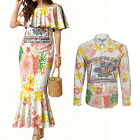 Personalized Hawaii School Club Back To Class Couples Matching Mermaid Dress and Long Sleeve Button Shirt Retro Tropical Hibiscus Pattern With Open Notebook TS04 White Orange - Polynesian Pride