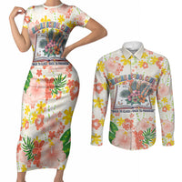 Personalized Hawaii School Club Back To Class Couples Matching Short Sleeve Bodycon Dress and Long Sleeve Button Shirt Retro Tropical Hibiscus Pattern With Open Notebook TS04 White Orange - Polynesian Pride