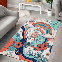 Personalized Hawaii Back To School Area Rug Retro Rainbow Sun with Tropical Hibiscus Flowers TS04 - Polynesian Pride