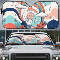 Personalized Hawaii Back To School Auto Sun Shade Retro Rainbow Sun with Tropical Hibiscus Flowers TS04 White Blue - Polynesian Pride