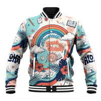 Personalized Hawaii Back To School Baseball Jacket Retro Rainbow Sun with Tropical Hibiscus Flowers TS04 Unisex White Blue - Polynesian Pride