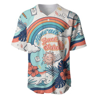 Personalized Hawaii Back To School Baseball Jersey Retro Rainbow Sun with Tropical Hibiscus Flowers TS04 White Blue - Polynesian Pride