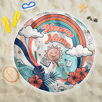 Personalized Hawaii Back To School Beach Blanket Retro Rainbow Sun with Tropical Hibiscus Flowers TS04 One Size 150cm White Blue - Polynesian Pride