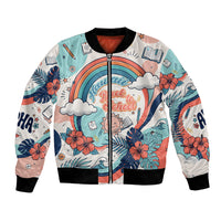 Personalized Hawaii Back To School Bomber Jacket Retro Rainbow Sun with Tropical Hibiscus Flowers TS04 Unisex White Blue - Polynesian Pride