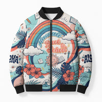 Personalized Hawaii Back To School Bomber Puffer Jacket Retro Rainbow Sun with Tropical Hibiscus Flowers TS04 Unisex White Blue - Polynesian Pride