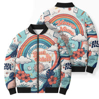 Personalized Hawaii Back To School Bomber Puffer Jacket Retro Rainbow Sun with Tropical Hibiscus Flowers TS04 - Polynesian Pride