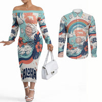Personalized Hawaii Back To School Couples Matching Off The Shoulder Long Sleeve Dress and Long Sleeve Button Shirt Retro Rainbow Sun with Tropical Hibiscus Flowers TS04 White Blue - Polynesian Pride