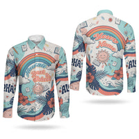 Personalized Hawaii Back To School Couples Matching Summer Maxi Dress and Long Sleeve Button Shirt Retro Rainbow Sun with Tropical Hibiscus Flowers TS04 - Polynesian Pride