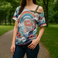 Personalized Hawaii Back To School Cross Shoulder Shirt Retro Rainbow Sun with Tropical Hibiscus Flowers TS04 - Polynesian Pride