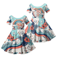 Personalized Hawaii Back To School Family Matching Off Shoulder Maxi Dress and Hawaiian Shirt Retro Rainbow Sun with Tropical Hibiscus Flowers TS04 Daughter's Dress White Blue - Polynesian Pride