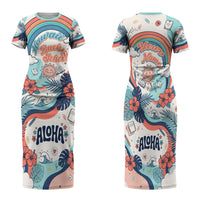 Personalized Hawaii Back To School Family Matching Short Sleeve Bodycon Dress and Hawaiian Shirt Retro Rainbow Sun with Tropical Hibiscus Flowers TS04 Mom's Dress White Blue - Polynesian Pride
