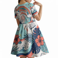 Personalized Hawaii Back To School Kid Short Sleeve Dress Retro Rainbow Sun with Tropical Hibiscus Flowers TS04 - Polynesian Pride