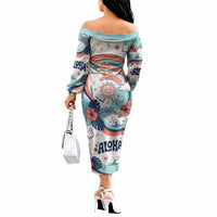 Personalized Hawaii Back To School Off The Shoulder Long Sleeve Dress Retro Rainbow Sun with Tropical Hibiscus Flowers TS04 - Polynesian Pride