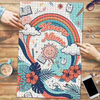 Personalized Hawaii Back To School Puzzle Retro Rainbow Sun with Tropical Hibiscus Flowers TS04 White Blue - Polynesian Pride