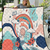 Personalized Hawaii Back To School Quilt Retro Rainbow Sun with Tropical Hibiscus Flowers TS04 White Blue - Polynesian Pride
