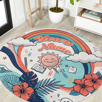 Personalized Hawaii Back To School Round Carpet Retro Rainbow Sun with Tropical Hibiscus Flowers TS04 White Blue - Polynesian Pride