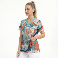Personalized Hawaii Back To School Scrub Top Retro Rainbow Sun with Tropical Hibiscus Flowers TS04 - Polynesian Pride