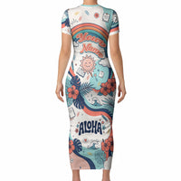 Personalized Hawaii Back To School Short Sleeve Bodycon Dress Retro Rainbow Sun with Tropical Hibiscus Flowers TS04 - Polynesian Pride