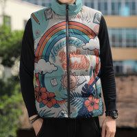 Personalized Hawaii Back To School Sleeveless Puffer Jacket Retro Rainbow Sun with Tropical Hibiscus Flowers TS04 - Polynesian Pride