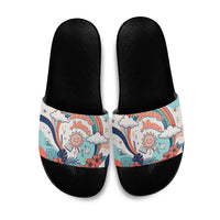 Personalized Hawaii Back To School Slide Sandals Retro Rainbow Sun with Tropical Hibiscus Flowers TS04 White Blue - Polynesian Pride